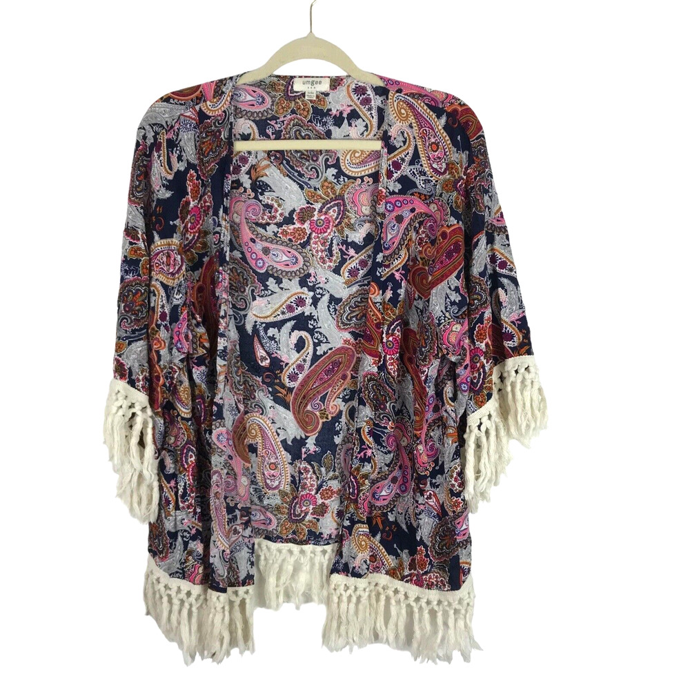 Umgee Kimono Cardigan Womens Small Shawl Fringe Tassel Paisley Lightweight Boho